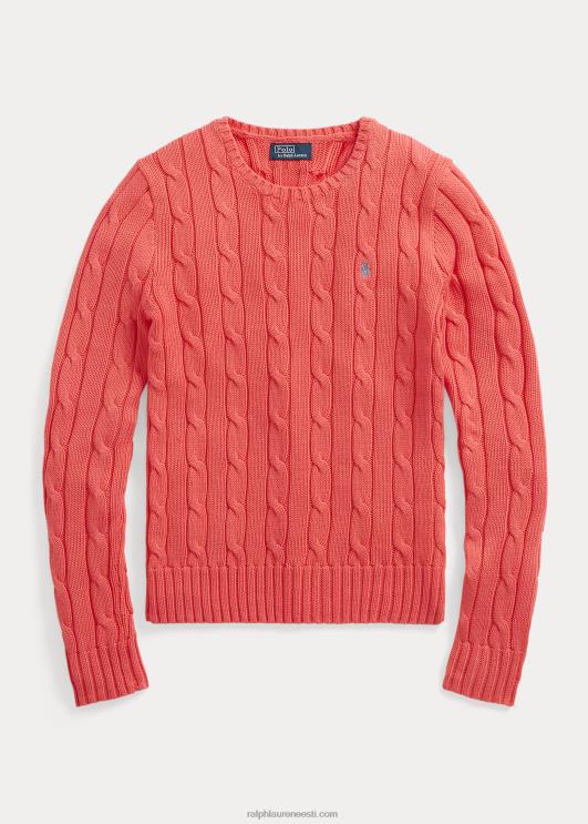 Ralph Lauren naised kaabliga kootud puuvillane kaelusega kampsun PR0V9092 rubiinkorall