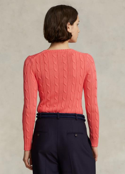 Ralph Lauren naised kaabliga kootud puuvillane kaelusega kampsun PR0V9092 rubiinkorall