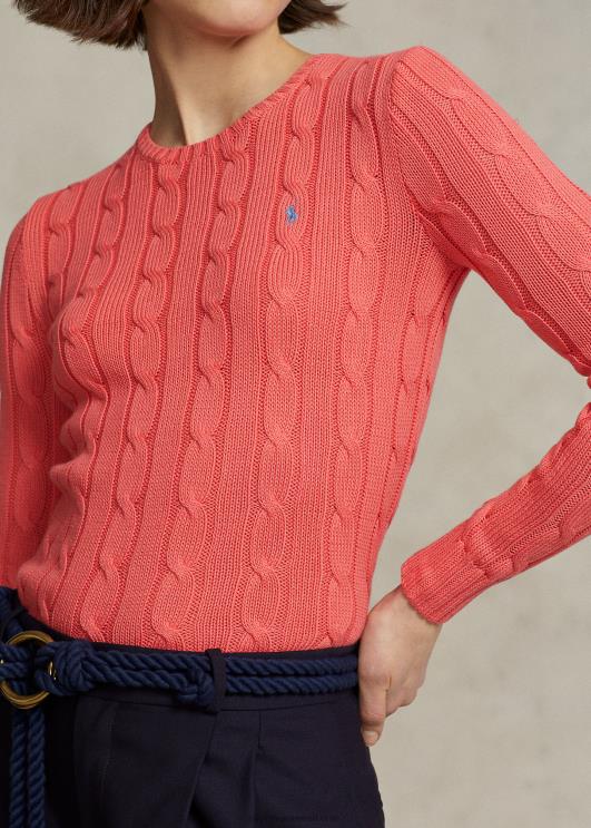 Ralph Lauren naised kaabliga kootud puuvillane kaelusega kampsun PR0V9092 rubiinkorall