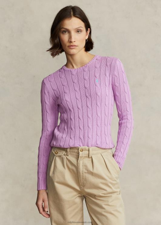 Ralph Lauren naised kaabliga kootud puuvillane kaelusega kampsun PR0V9093 pehme lilla