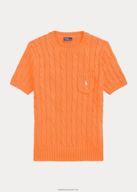 Ralph Lauren naised kaabliga kootud puuvillane lühikeste varrukatega kampsun PR0V2896 õiglane oranž