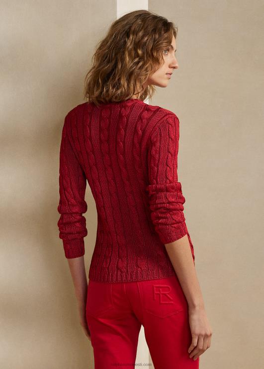 Ralph Lauren naised kaabliga kootud siidist kaelusega kampsun PR0V3483 rouge