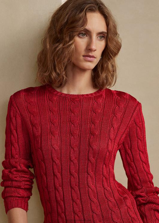 Ralph Lauren naised kaabliga kootud siidist kaelusega kampsun PR0V3483 rouge