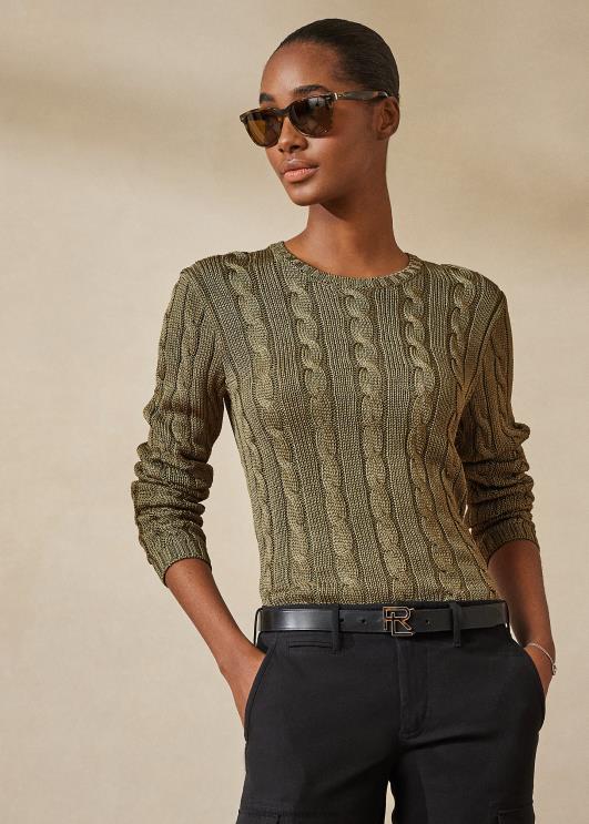 Ralph Lauren naised kaabliga kootud siidist kaelusega kampsun PR0V3487 samblikroheline