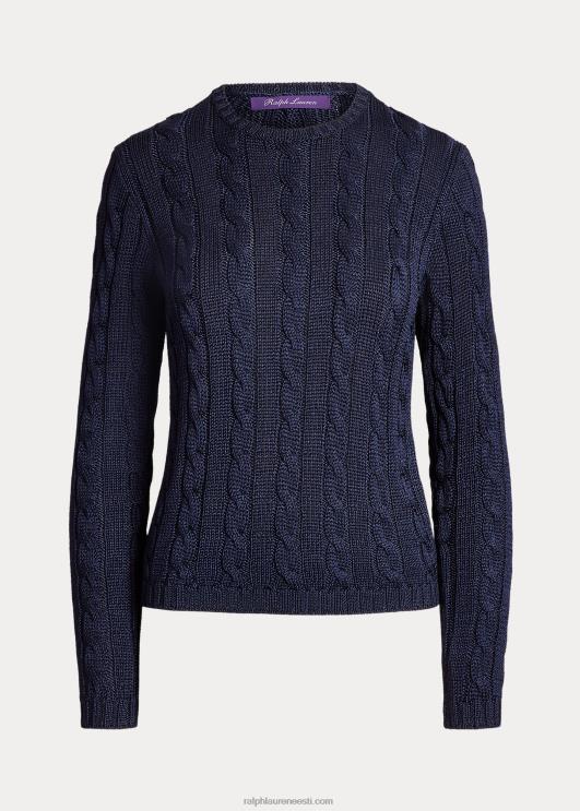 Ralph Lauren naised kaabliga kootud siidist kaelusega kampsun PR0V3488 luksuslik merevägi