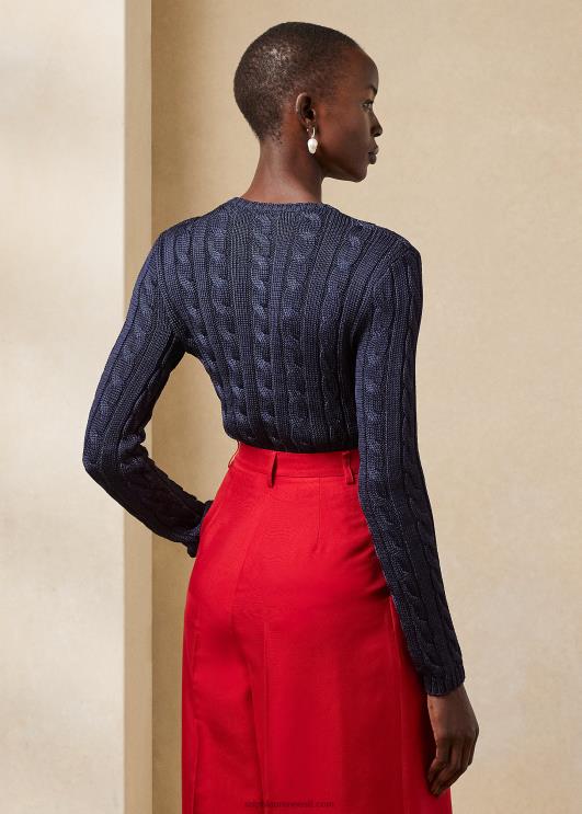 Ralph Lauren naised kaabliga kootud siidist kaelusega kampsun PR0V3488 luksuslik merevägi