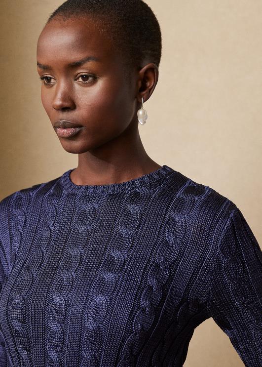 Ralph Lauren naised kaabliga kootud siidist kaelusega kampsun PR0V3488 luksuslik merevägi