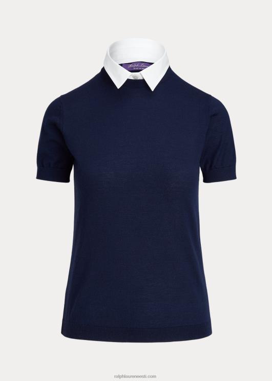 Ralph Lauren naised kaelusega kašmiirist lühikeste varrukatega kampsun PR0V9352 luksuslik merevägi