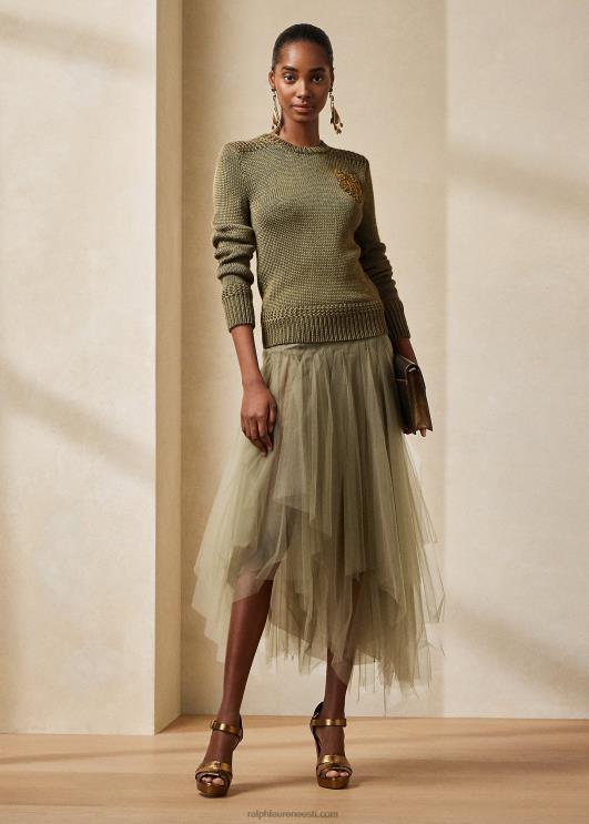 Ralph Lauren naised kaunistatud siidisegu kaelusega kampsun PR0V9298 samblikroheline