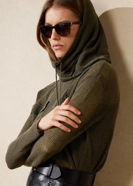 Ralph Lauren naised lehtrikaelusega siidist-linasest võrgust kampsun PR0V9291 ikoon oliiv