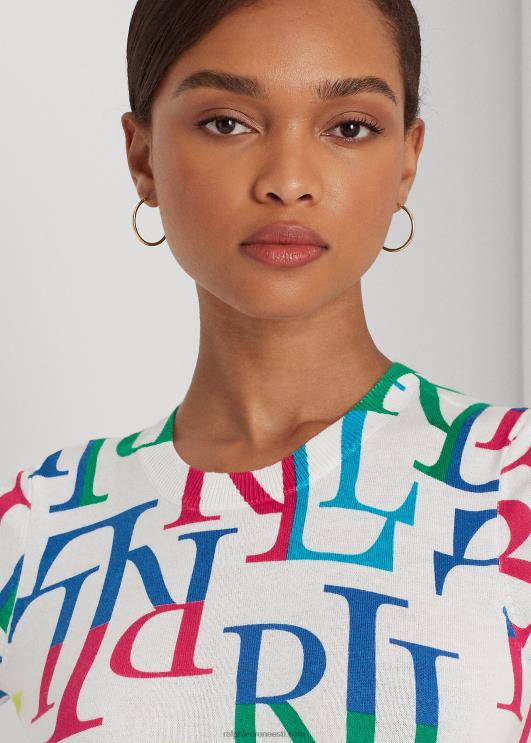 Ralph Lauren naised logoga puuvillasegu lühikeste varrukatega kampsun PR0V3875 valge multi