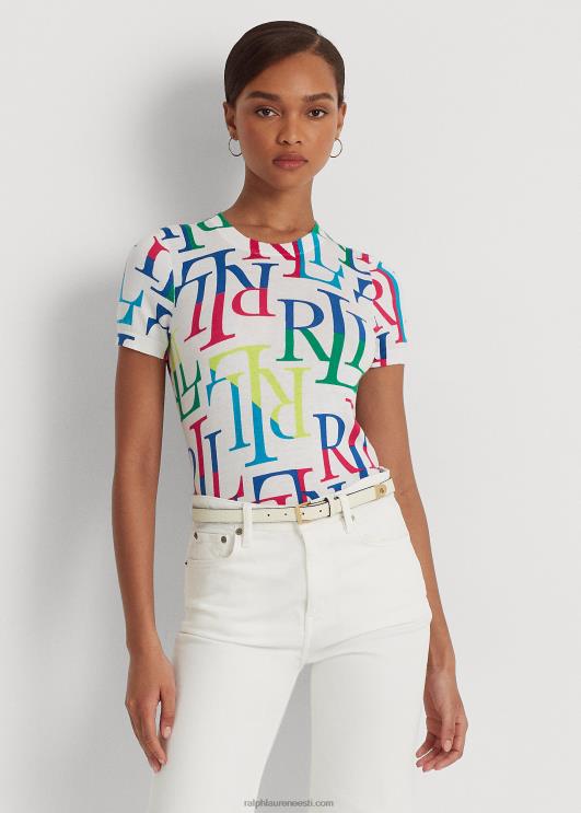 Ralph Lauren naised logoga puuvillasegu lühikeste varrukatega kampsun PR0V3875 valge multi