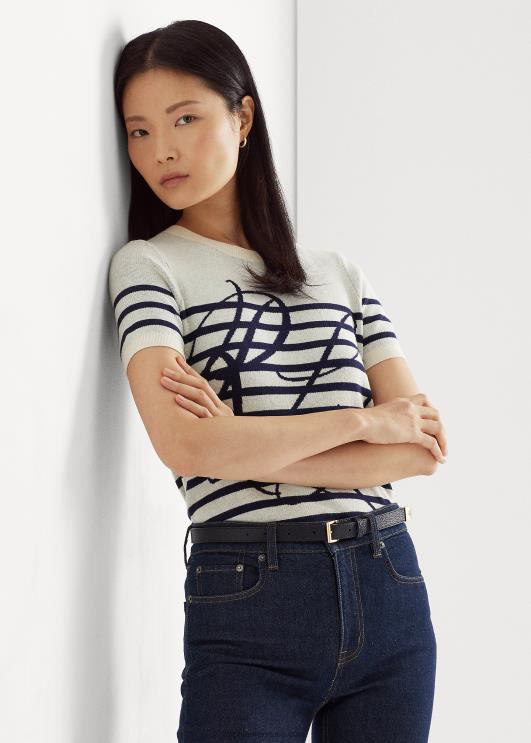 Ralph Lauren naised logoga triibuline lühikeste varrukatega kampsun PR0V9479 mascarpone kreem/laev