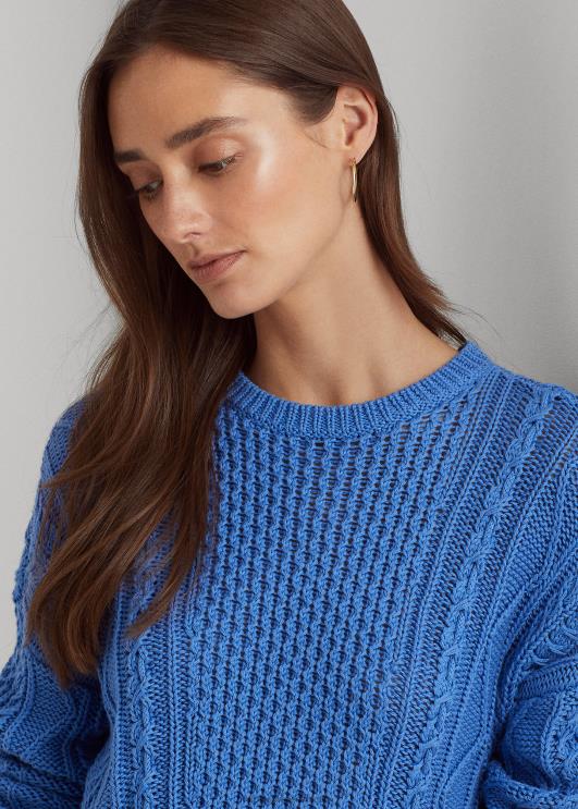 Ralph Lauren naised nööriga kaabliga kootud puuvillane kampsun PR0V9549 Uus-Inglismaa sinine