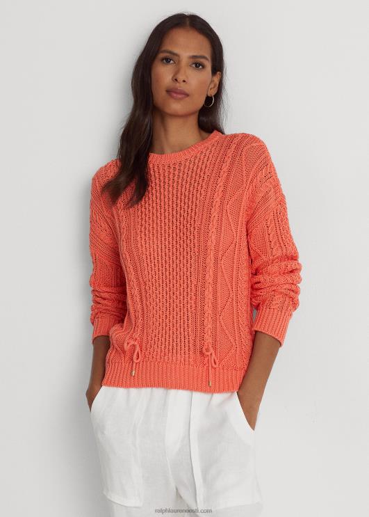 Ralph Lauren naised nööriga kaabliga kootud puuvillane kampsun PR0V9550 sadamaäärne korall