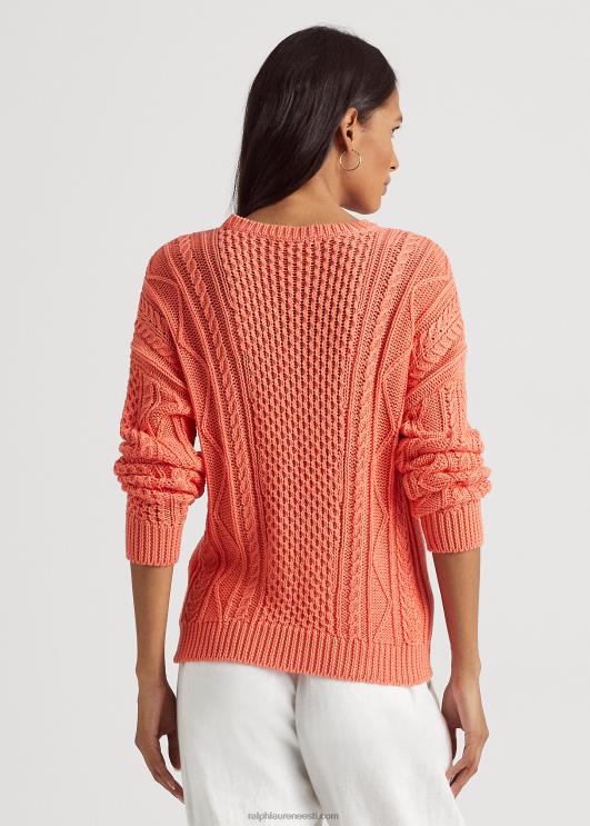 Ralph Lauren naised nööriga kaabliga kootud puuvillane kampsun PR0V9550 sadamaäärne korall