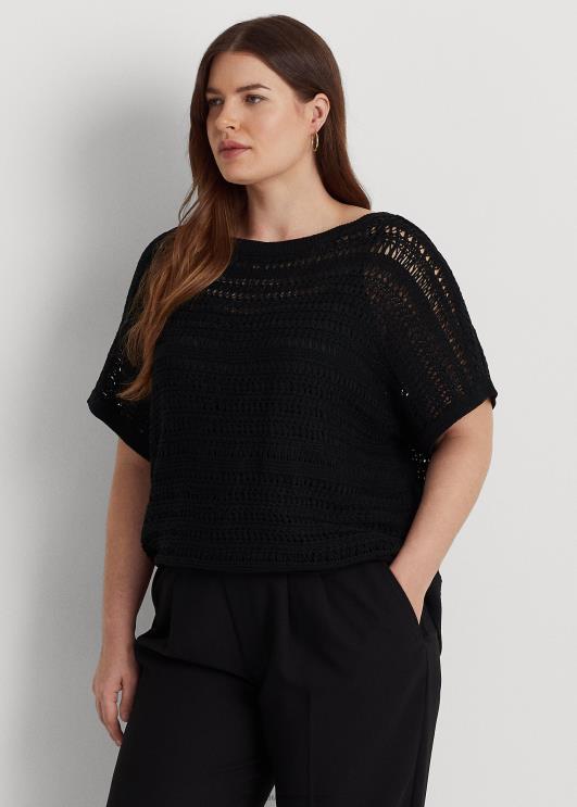 Ralph Lauren naised puuvillasest võrgust lühikeste varrukatega kampsun PR0V4538 must