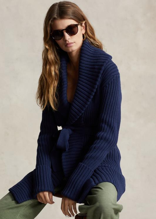 Ralph Lauren naised soonikuga rätik-kraega puuvillane kardigan PR0V3038 Newporti merevägi