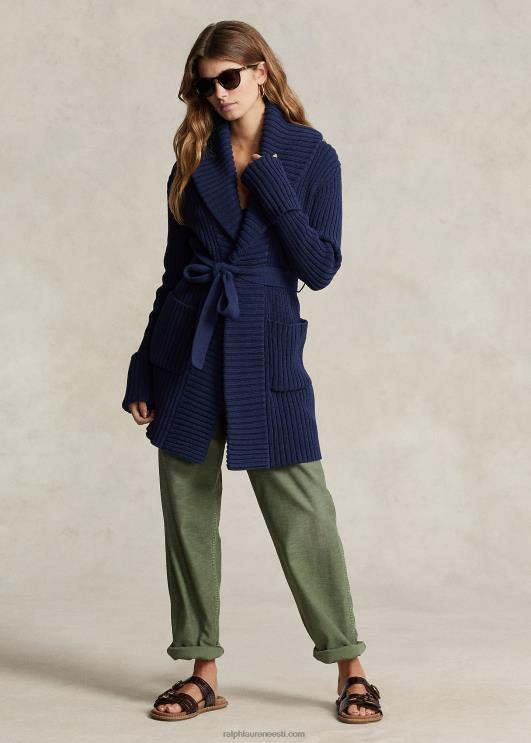 Ralph Lauren naised soonikuga rätik-kraega puuvillane kardigan PR0V3038 Newporti merevägi