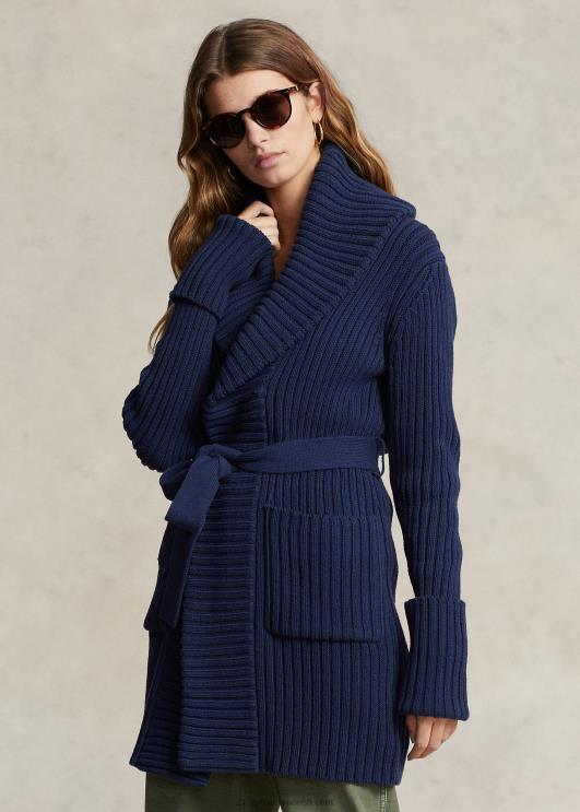 Ralph Lauren naised soonikuga rätik-kraega puuvillane kardigan PR0V3038 Newporti merevägi