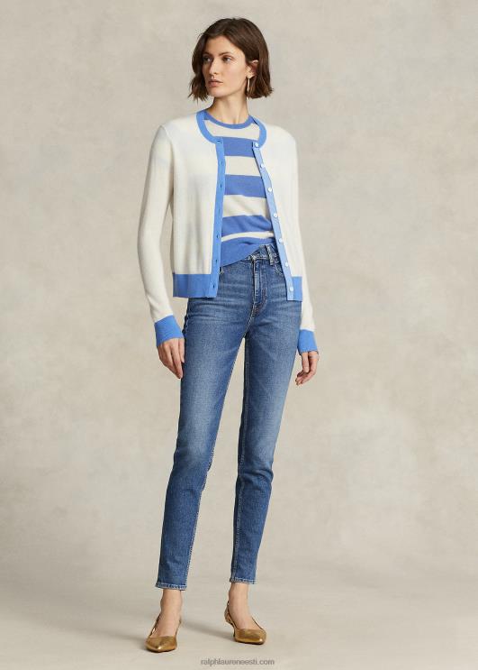 Ralph Lauren naised triibuline kašmiirist lühikeste varrukatega kampsun PR0V3043 kreemjas/sadamasaare sinine