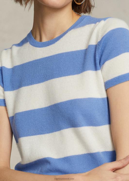 Ralph Lauren naised triibuline kašmiirist lühikeste varrukatega kampsun PR0V3043 kreemjas/sadamasaare sinine