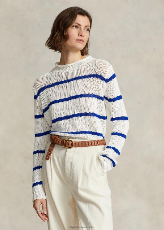 Ralph Lauren naised triibuline puuvillane rullkaelusega kampsun PR0V3062 valge/kuninglik sinine