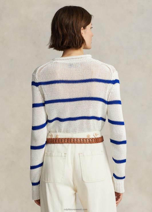 Ralph Lauren naised triibuline puuvillane rullkaelusega kampsun PR0V3062 valge/kuninglik sinine