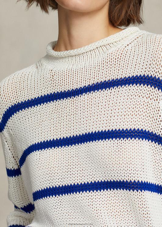 Ralph Lauren naised triibuline puuvillane rullkaelusega kampsun PR0V3062 valge/kuninglik sinine