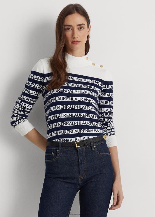 Ralph Lauren naised triibuline puuvillasegu mockneck kampsun PR0V4901 valge/rafineeritud merevägi