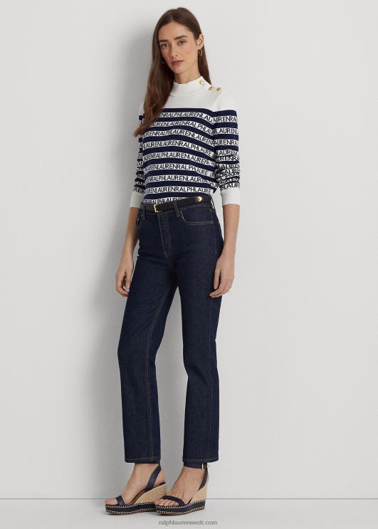 Ralph Lauren naised triibuline puuvillasegu mockneck kampsun PR0V4901 valge/rafineeritud merevägi