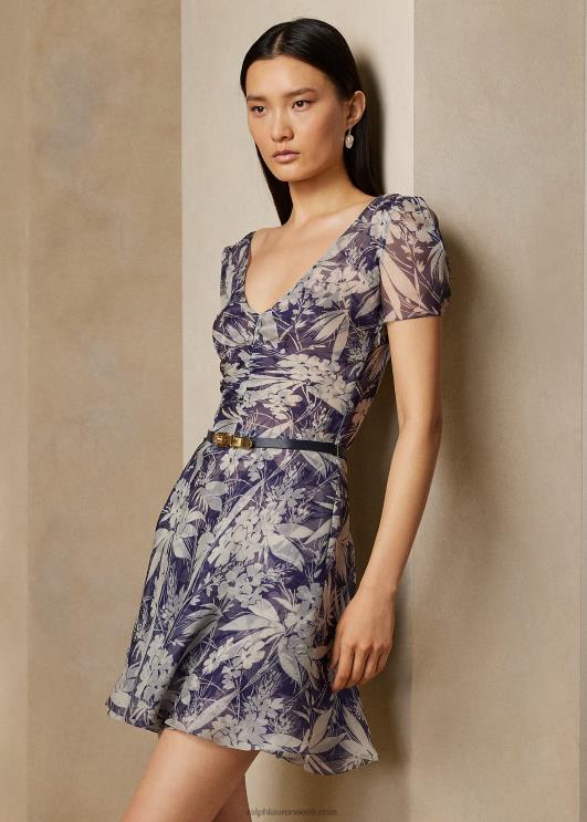 Ralph Lauren naised blanšeeritud lilleline šifoonist päevakleit PR0V3514 luksuslik mere-/valge