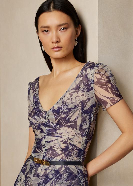 Ralph Lauren naised blanšeeritud lilleline šifoonist päevakleit PR0V3514 luksuslik mere-/valge