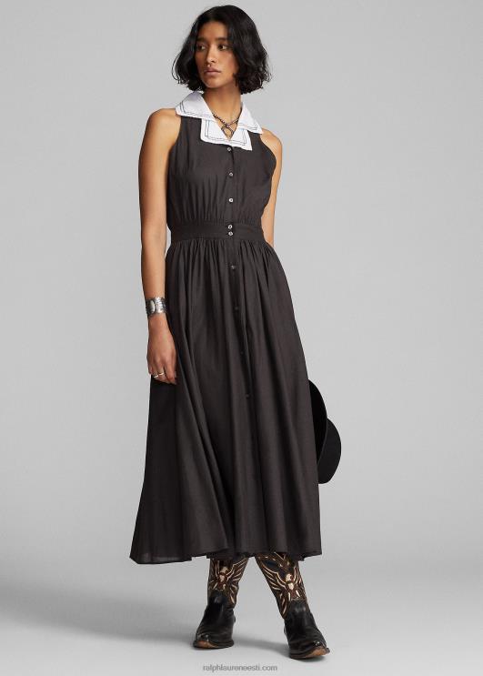 Ralph Lauren naised kontrastkraega puuvillane voile kleit PR0V3620 must valge