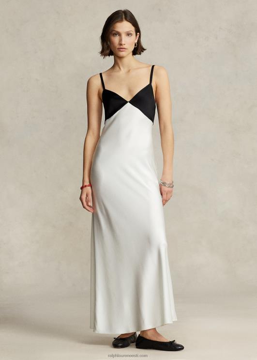 Ralph Lauren naised kontrastsest satiinist varrukateta kleit PR0V2994 valge must