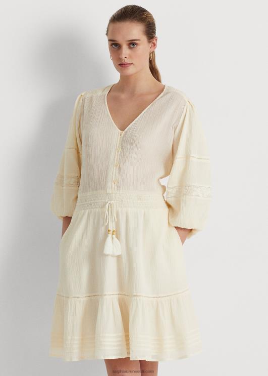 Ralph Lauren naised kortsus puuvillane pluus-varrukatega kleit PR0V4099 mascarpone kreem