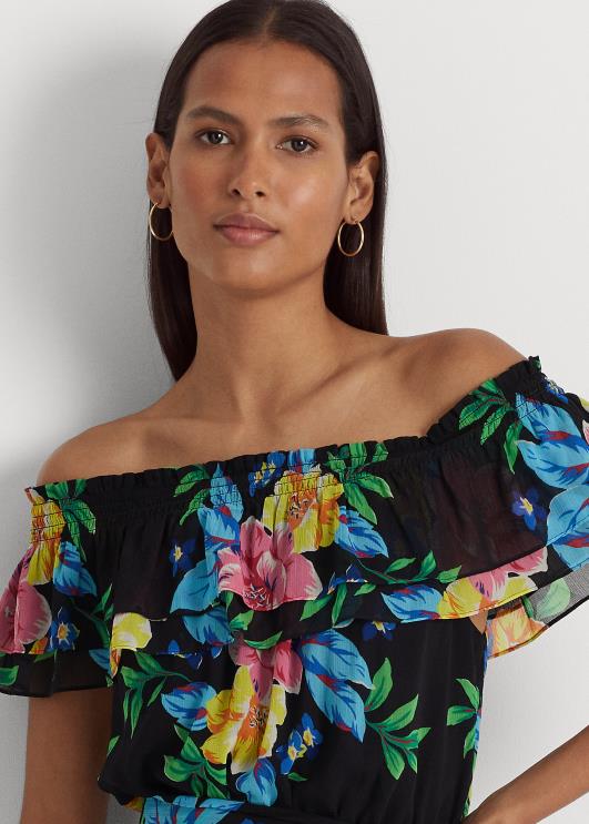 Ralph Lauren naised lilleline georgette õlgadeta kleit PR0V3868 must multi