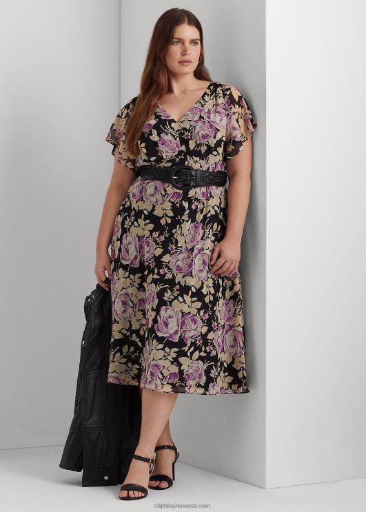 Ralph Lauren naised lilleline kortsus Georgette kleit PR0V4776 must/lavendel/kreem