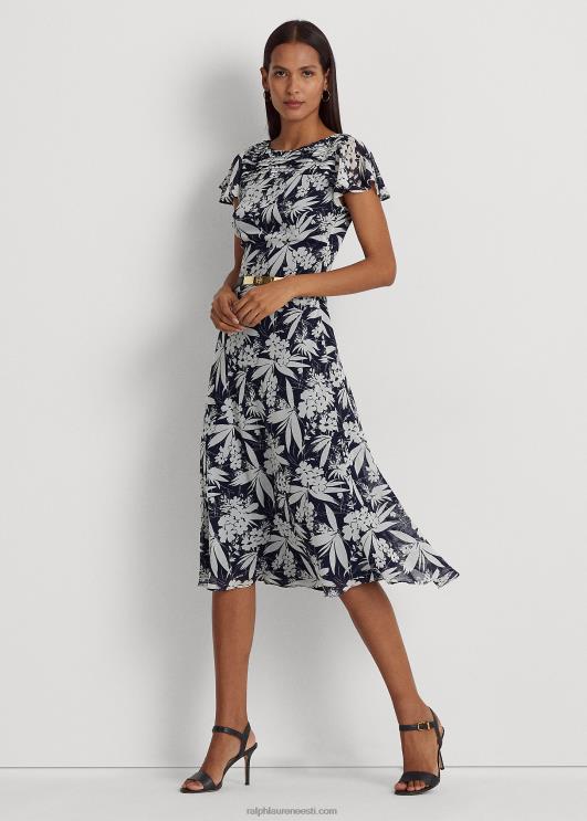 Ralph Lauren naised lilleline kortsus Georgette kleit PR0V9556 mereväe/valge