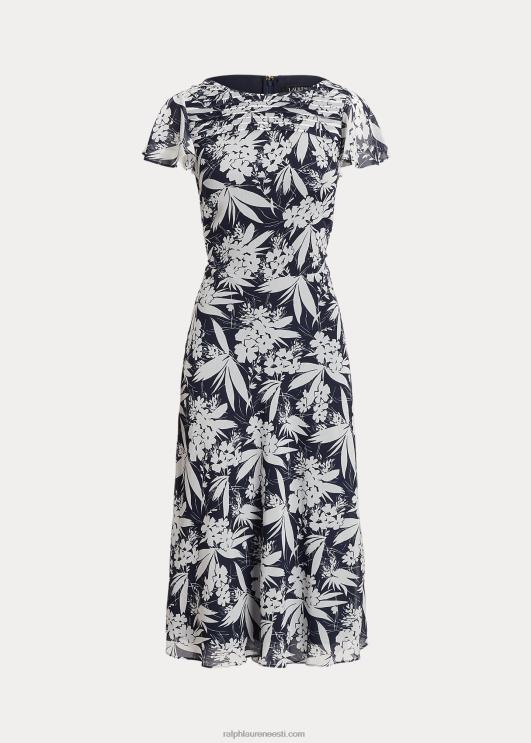 Ralph Lauren naised lilleline kortsus Georgette kleit PR0V9556 mereväe/valge