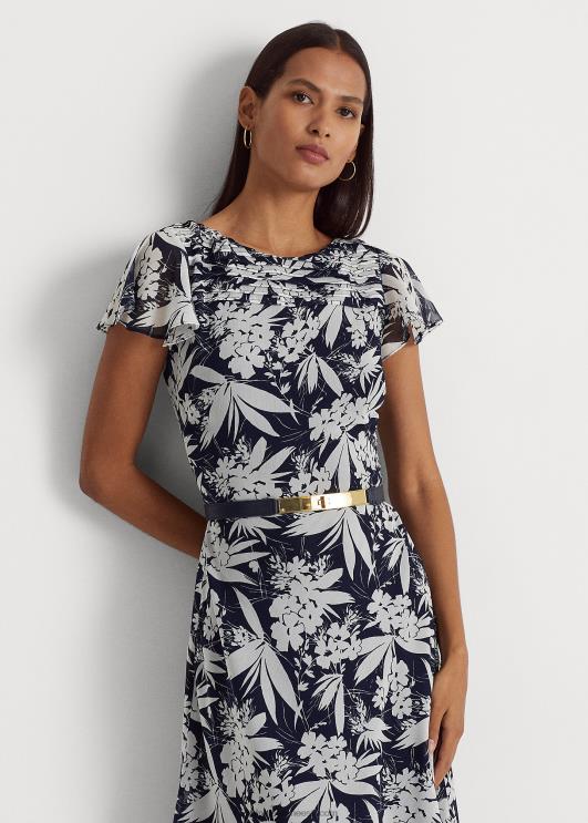 Ralph Lauren naised lilleline kortsus Georgette kleit PR0V9556 mereväe/valge