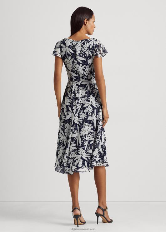 Ralph Lauren naised lilleline kortsus Georgette kleit PR0V9556 mereväe/valge