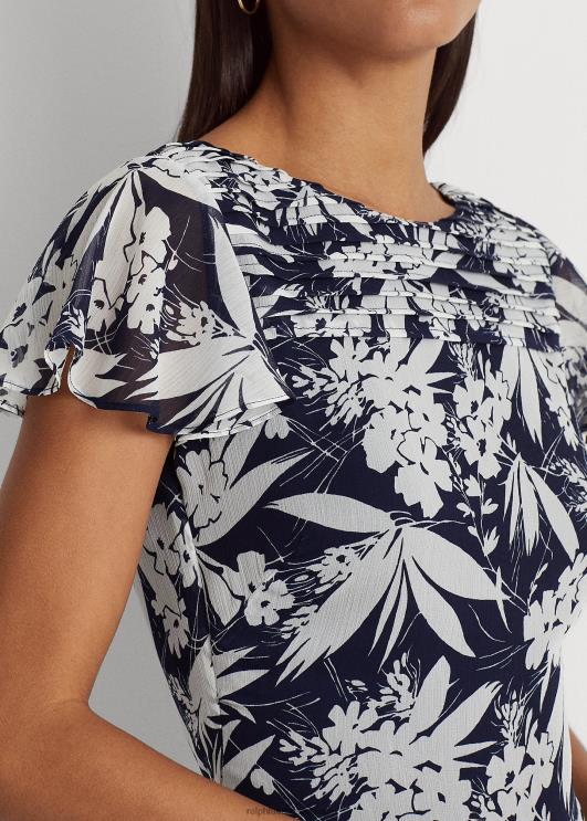 Ralph Lauren naised lilleline kortsus Georgette kleit PR0V9556 mereväe/valge