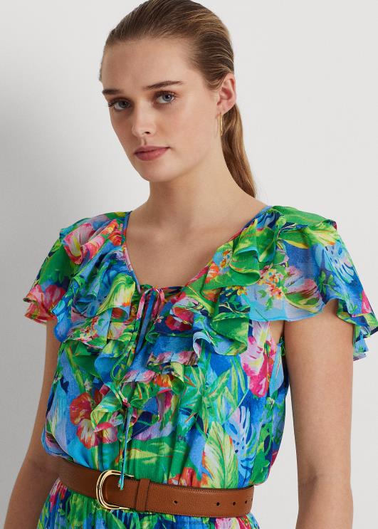 Ralph Lauren naised lilleline kortsus Georgette mitmetasandiline kleit PR0V4339 roheline/sinine multi