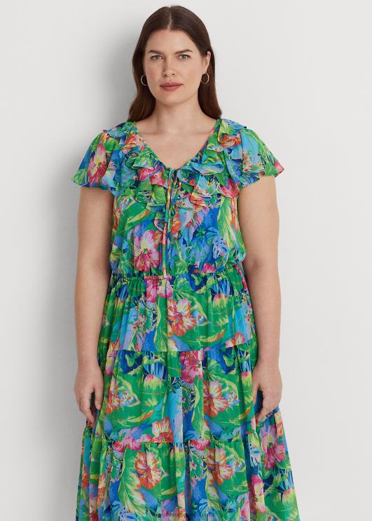 Ralph Lauren naised lilleline kortsus Georgette mitmetasandiline kleit PR0V9482 roheline/sinine multi