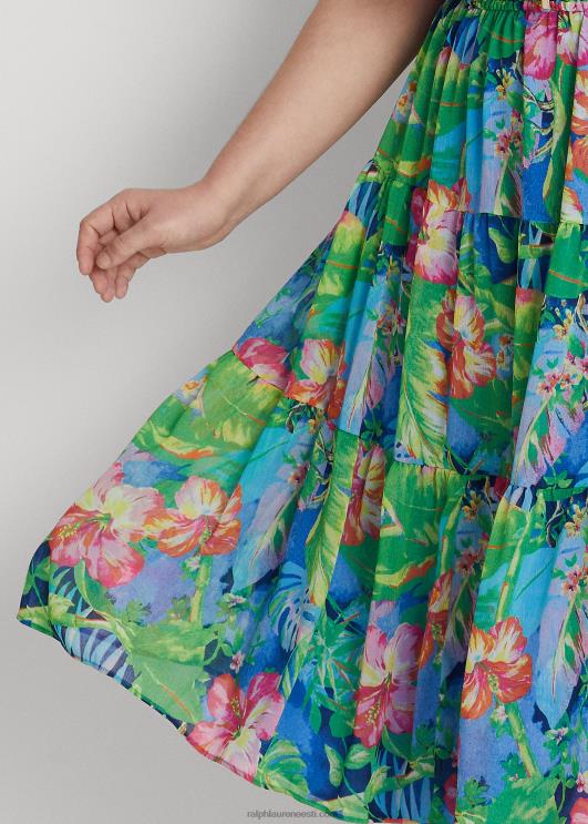 Ralph Lauren naised lilleline kortsus Georgette mitmetasandiline kleit PR0V9482 roheline/sinine multi