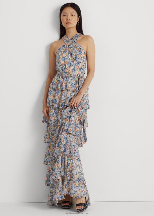 Ralph Lauren naised lilleline kortsus Georgette päitsetega kleit PR0V3982 sinine/roosa multi