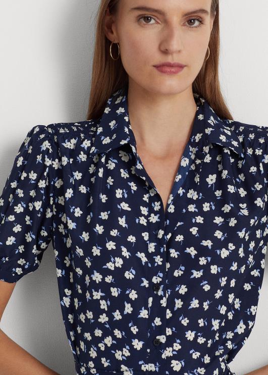 Ralph Lauren naised lilleline krepp-puhvis varrukatega särk PR0V4071 sinine multi