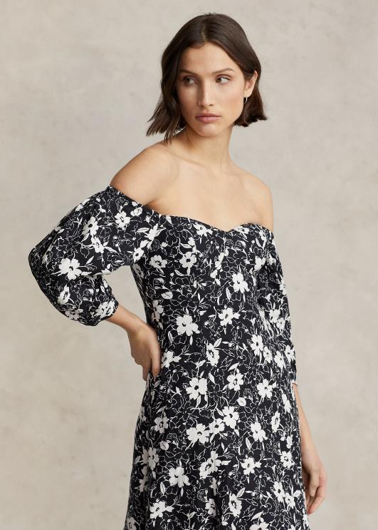 Ralph Lauren naised lilleline õlgadeta linane kleit PR0V2976 kreemikas liilia mustal