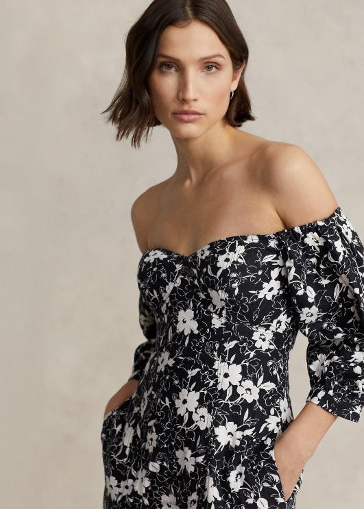 Ralph Lauren naised lilleline õlgadeta linane kleit PR0V2976 kreemikas liilia mustal